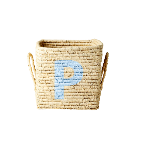 'Painted Letter P' Small Square Raffia Storage Basket - Rice DK