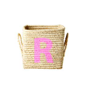'Painted Letter R' Small Square Raffia Storage Basket - Rice DK