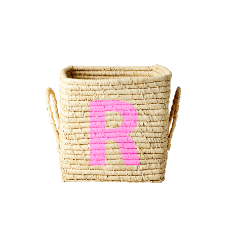 'Painted Letter R' Small Square Raffia Storage Basket - Rice DK