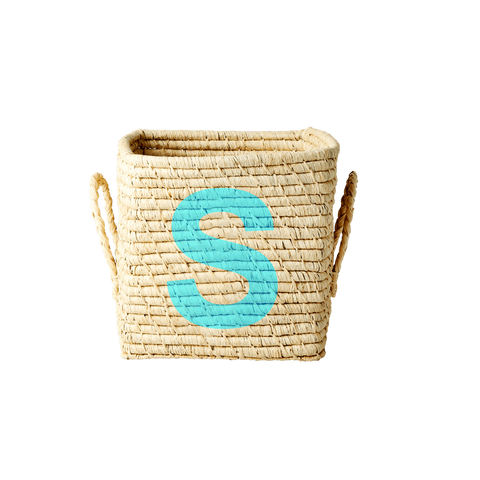 'Painted Letter S' Small Square Raffia Storage Basket - Rice DK