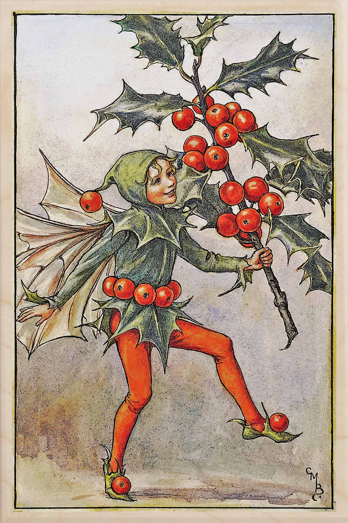 'Holly Fairy' Wooden Postcard - Cicely Mary Barker